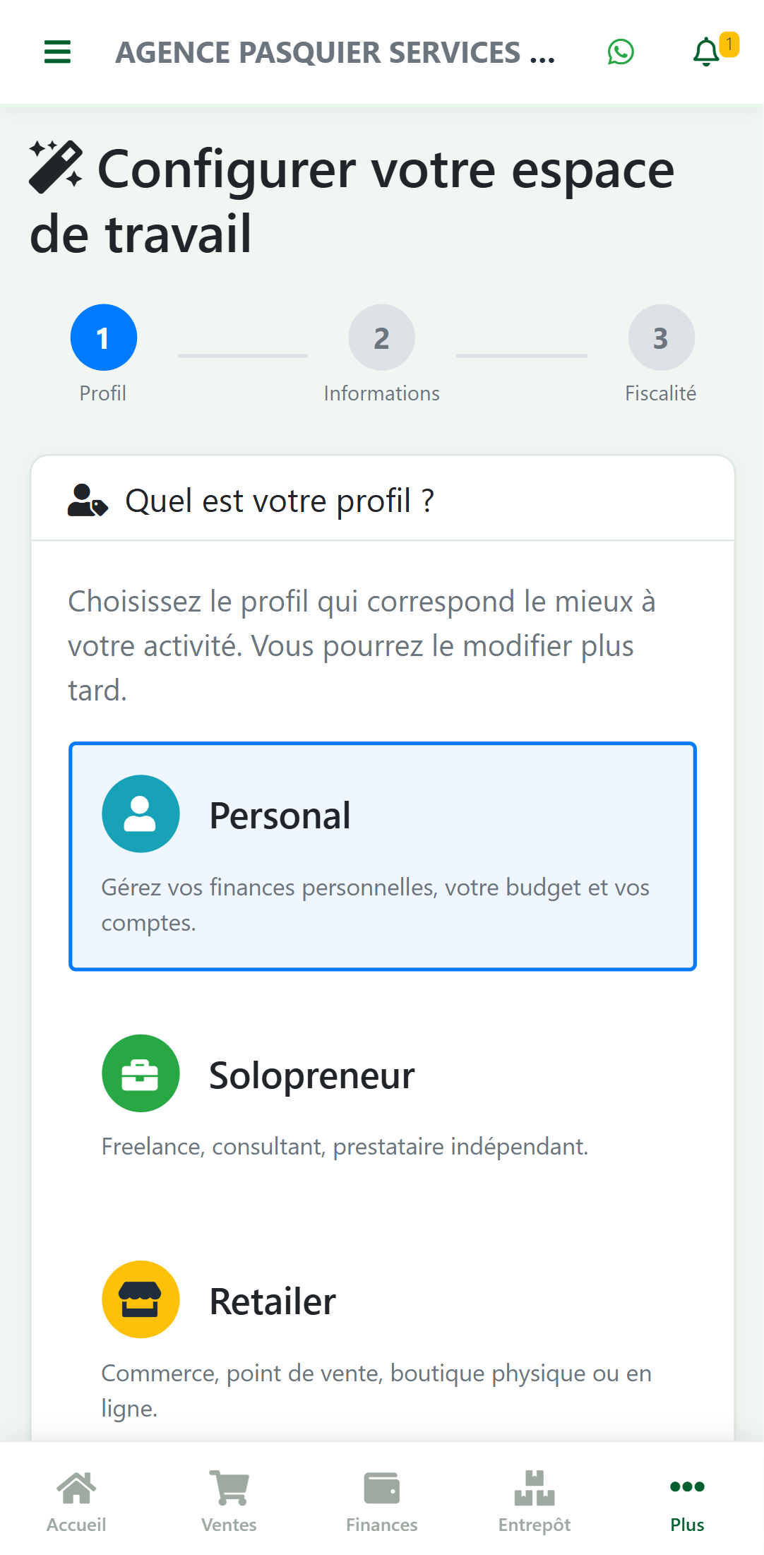 Étape Profil de l'assistant de configuration zBilling.net, profil Personal sélectionné