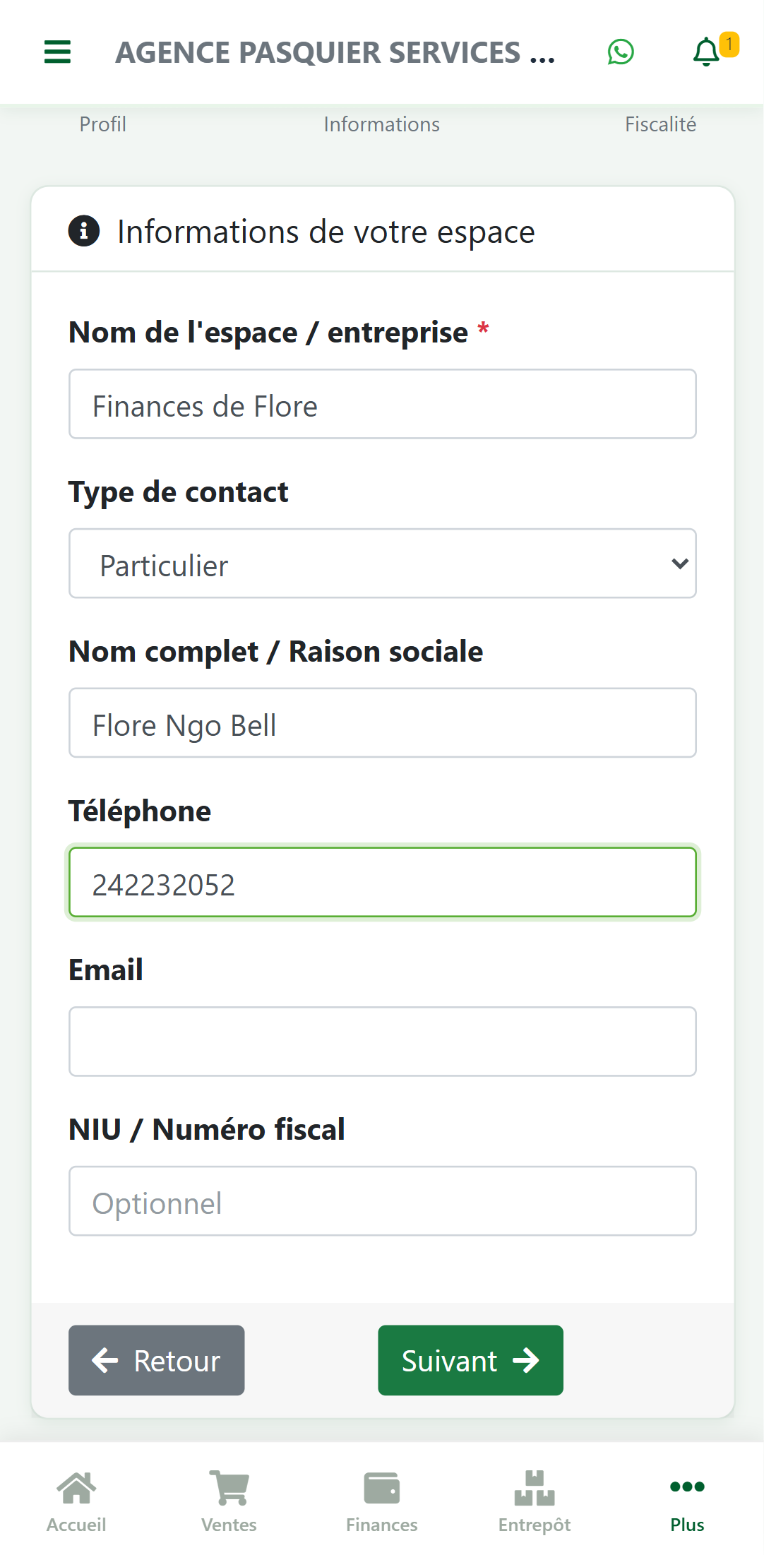 Étape Informations de l'assistant de configuration zBilling.net