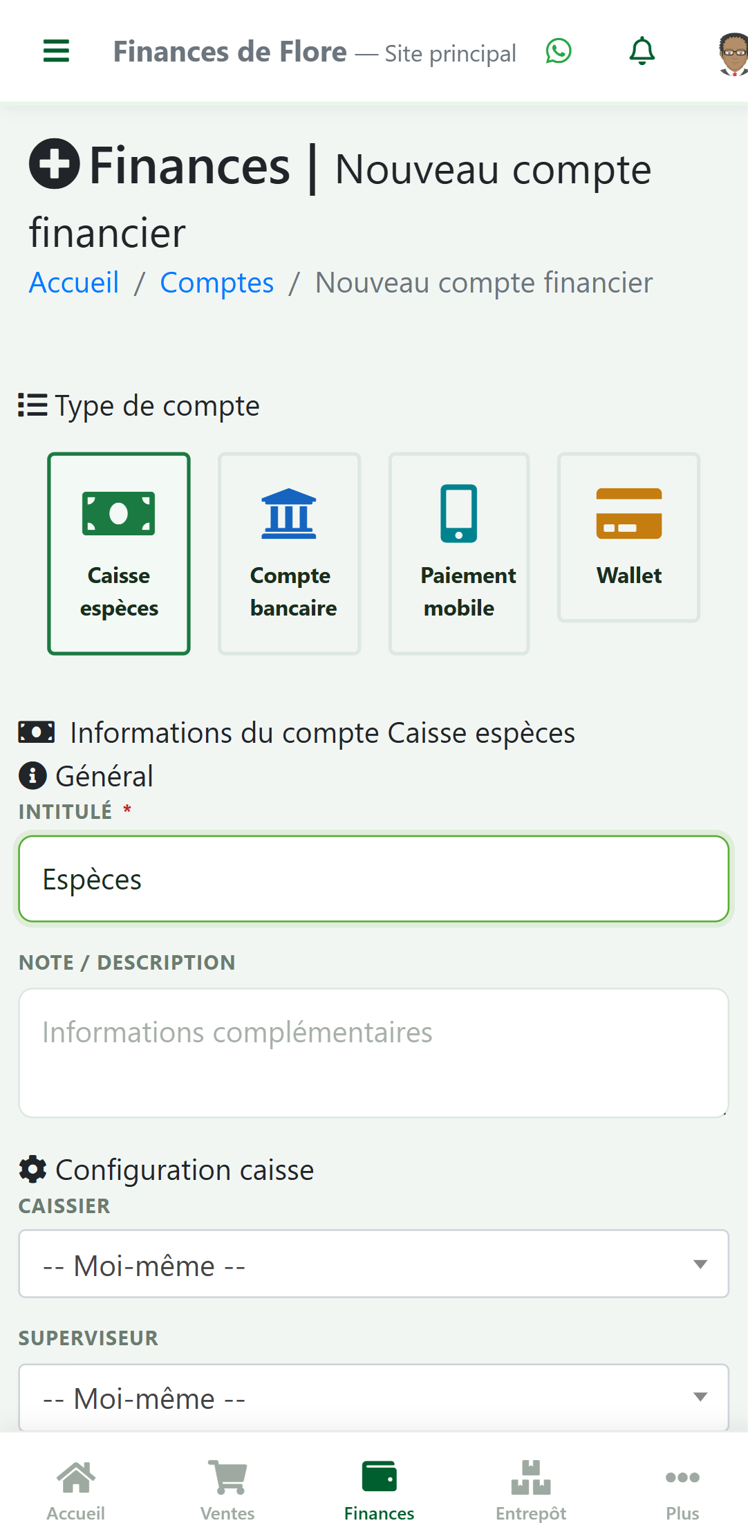 Formulaire Nouveau compte financier dans zBilling.net, type Caisse espèces, intitulé Espèces