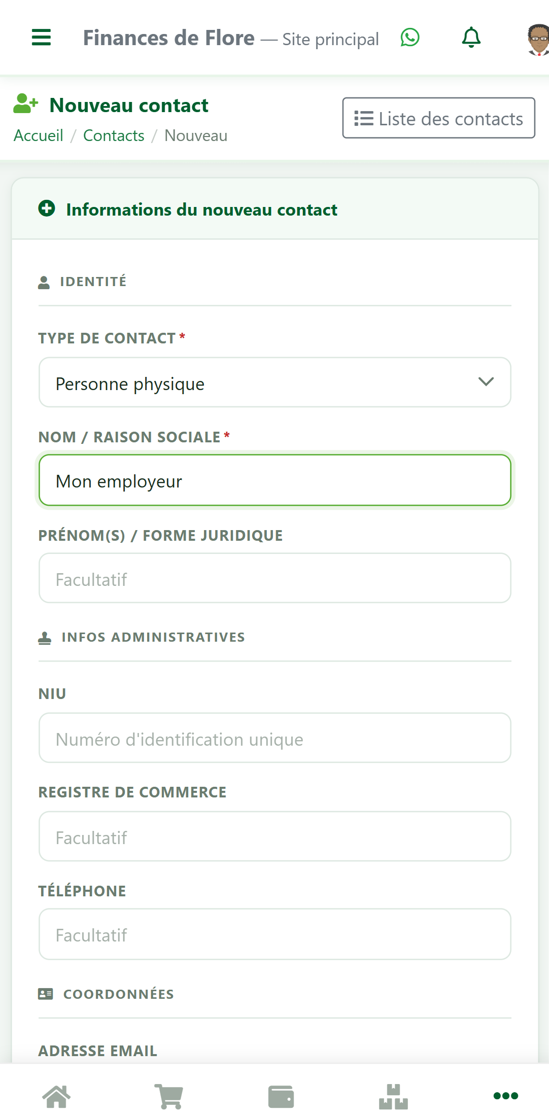 Formulaire Nouveau contact dans zBilling.net, rempli avec Mon employeur