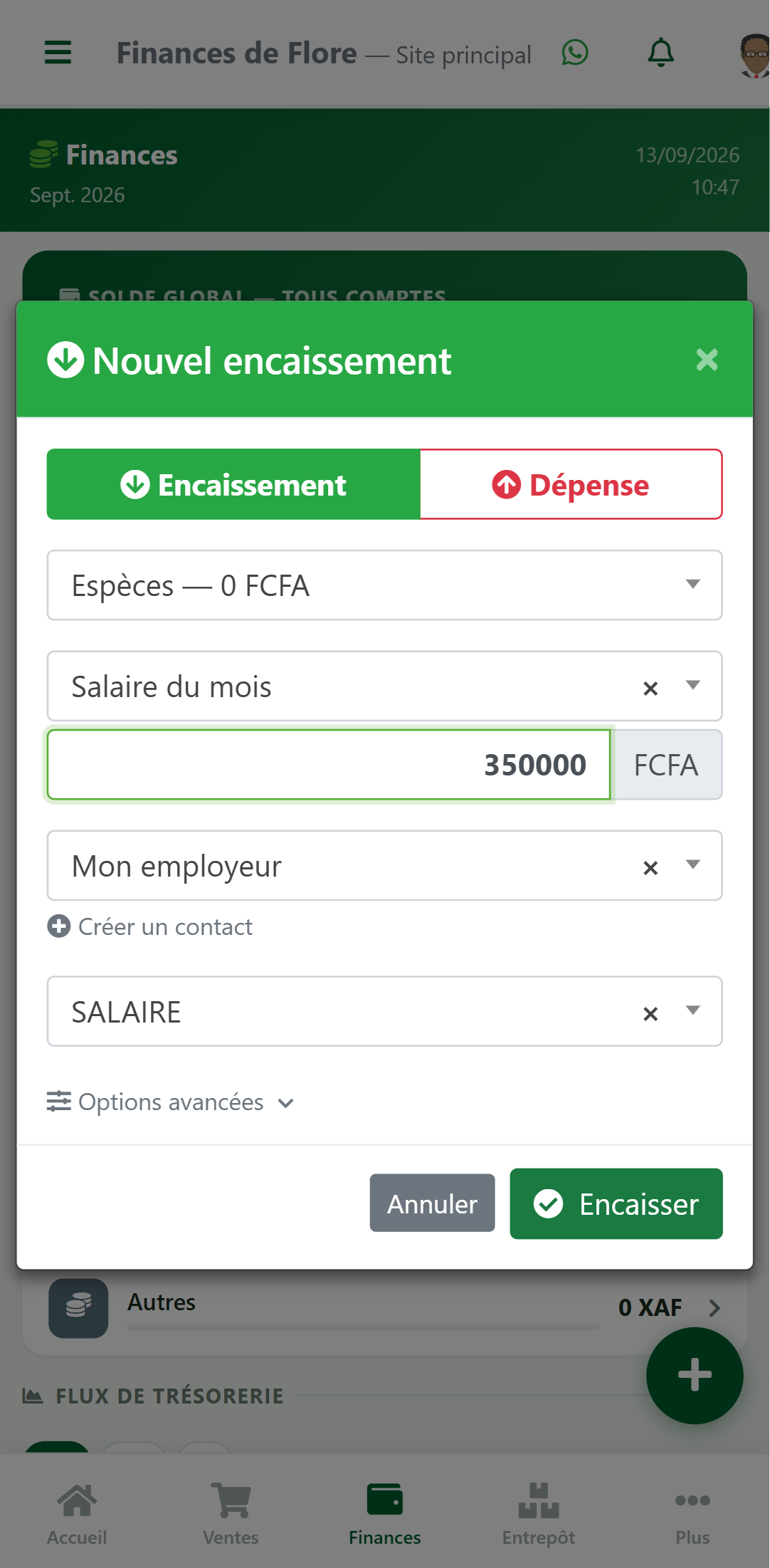 Modale Nouvel encaissement dans zBilling.net remplie : 350 000 FCFA, Mon employeur, catégorie SALAIRE