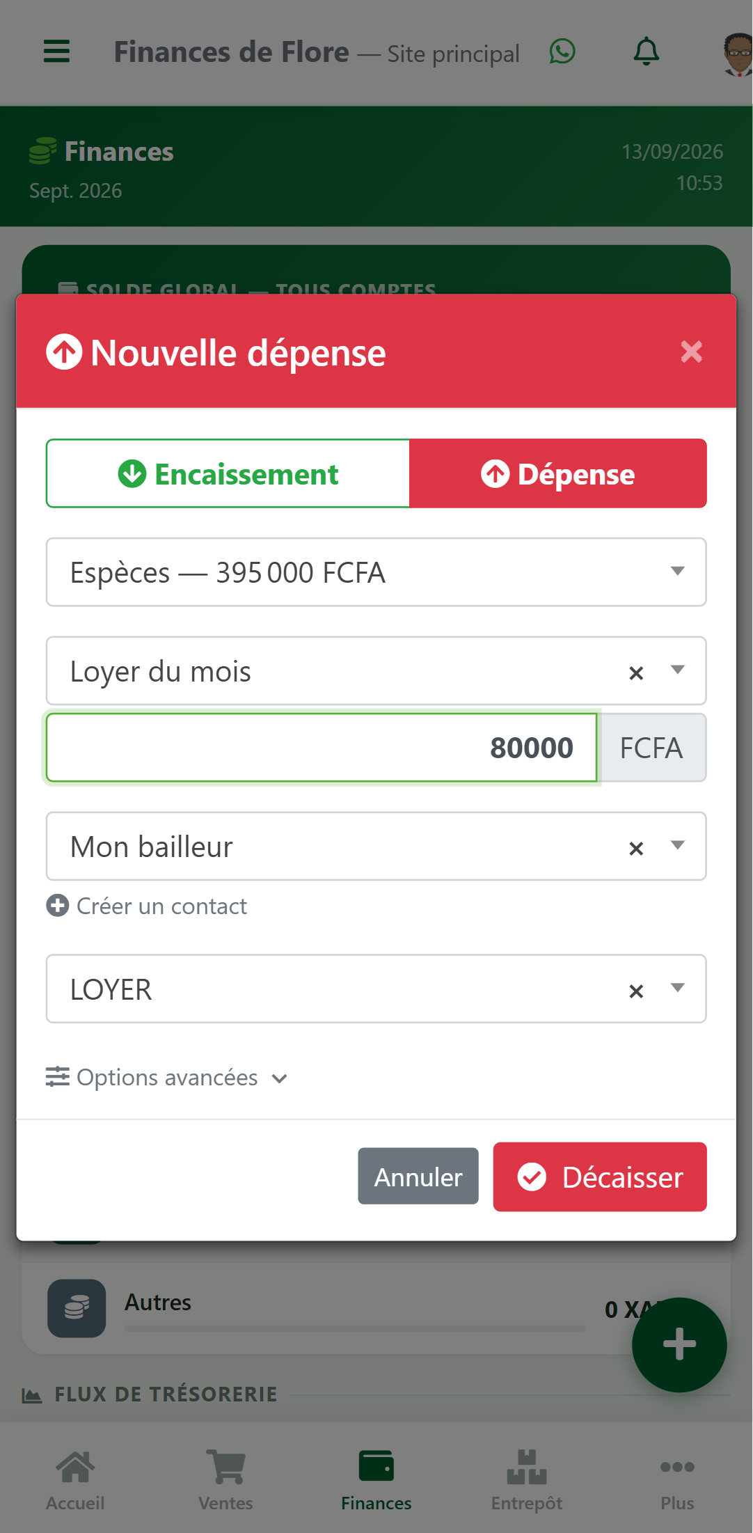 Modale Nouvelle dépense dans zBilling.net remplie : 80 000 FCFA, Mon bailleur, catégorie LOYER