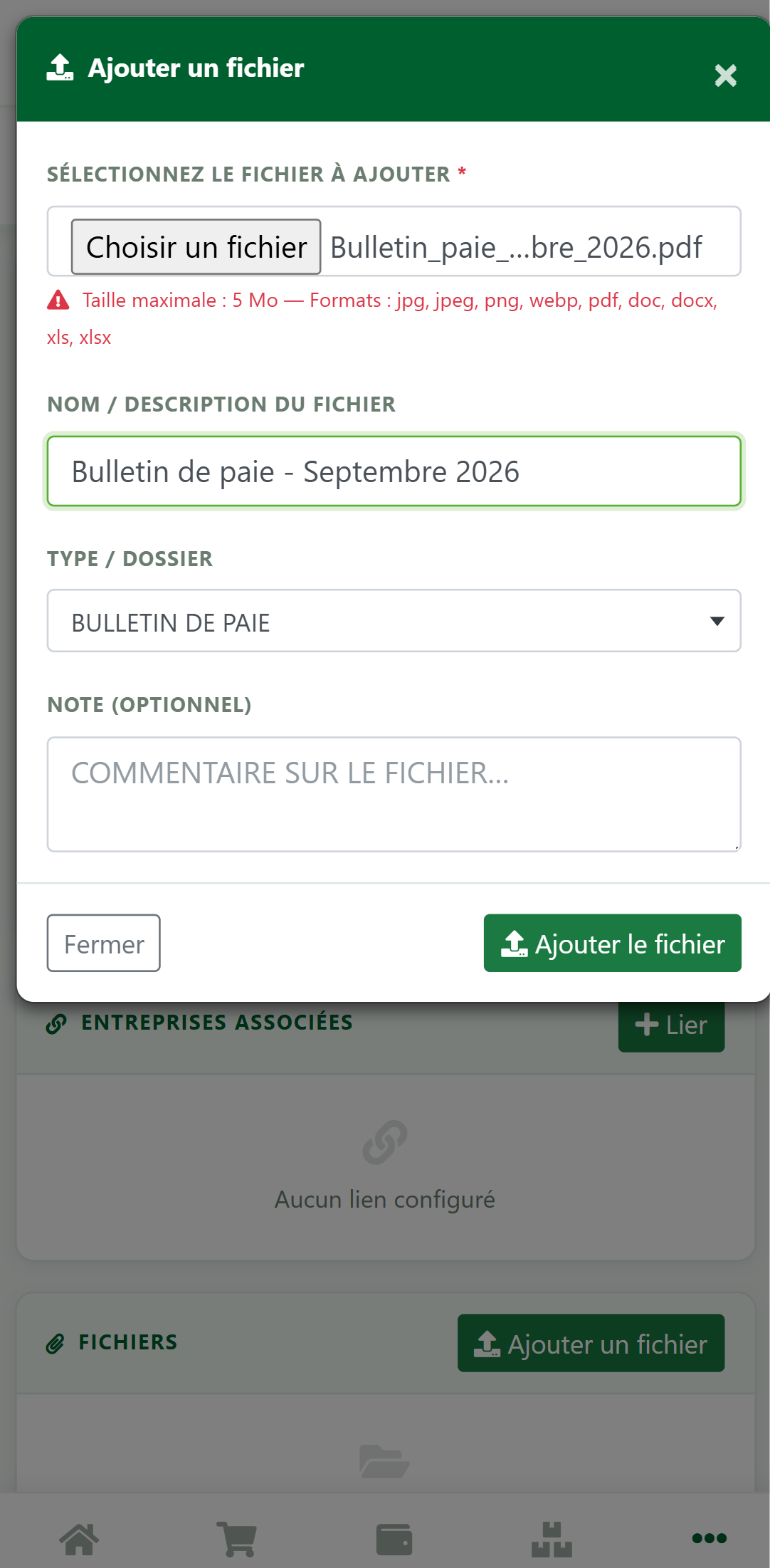 Modale Ajouter un fichier dans zBilling.net sur la fiche de l'employeur, catégorie Bulletin de paie