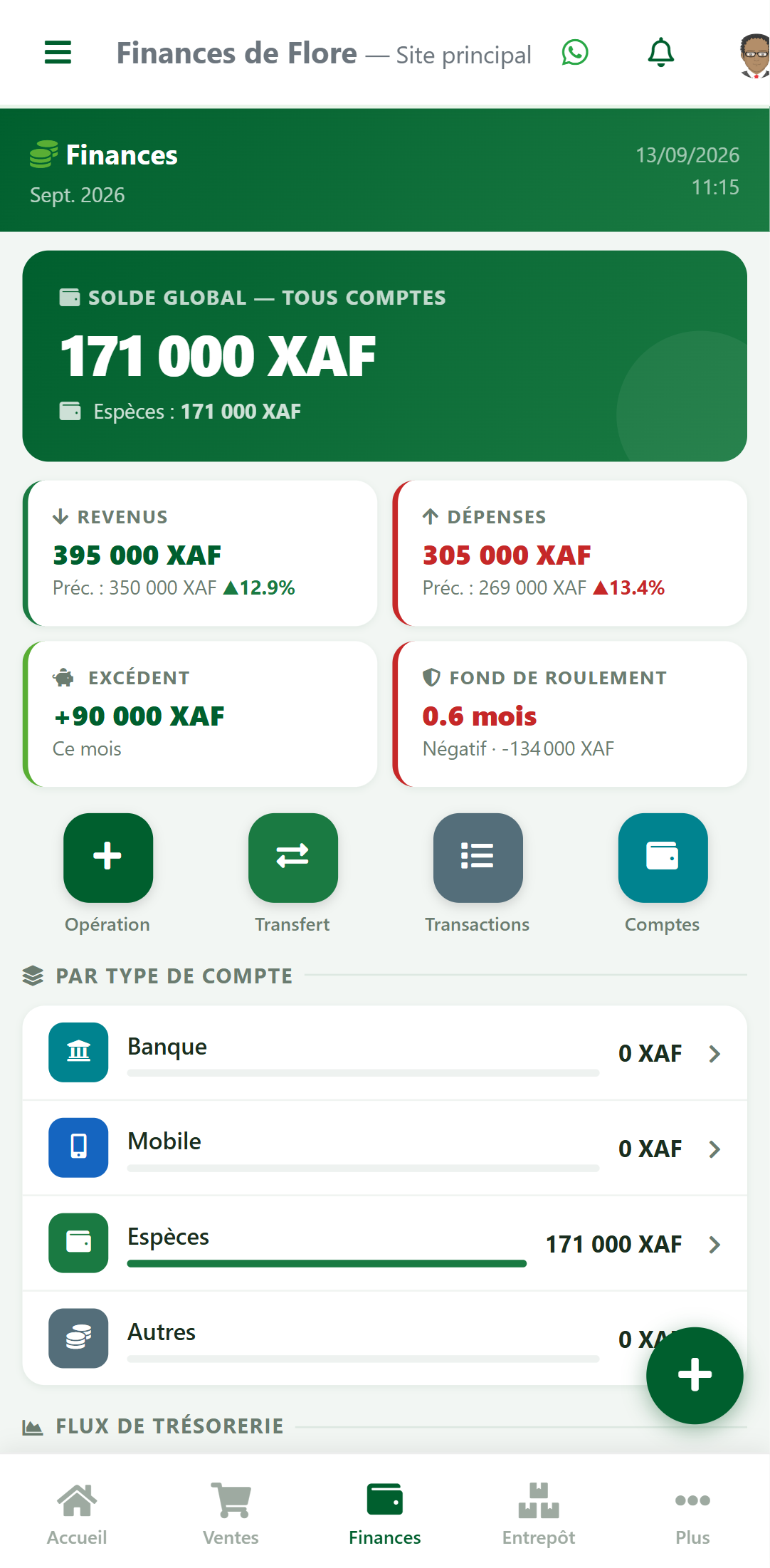 Tableau de bord Finances de zBilling.net : solde global, revenus, dépenses, excédent et autonomie financière