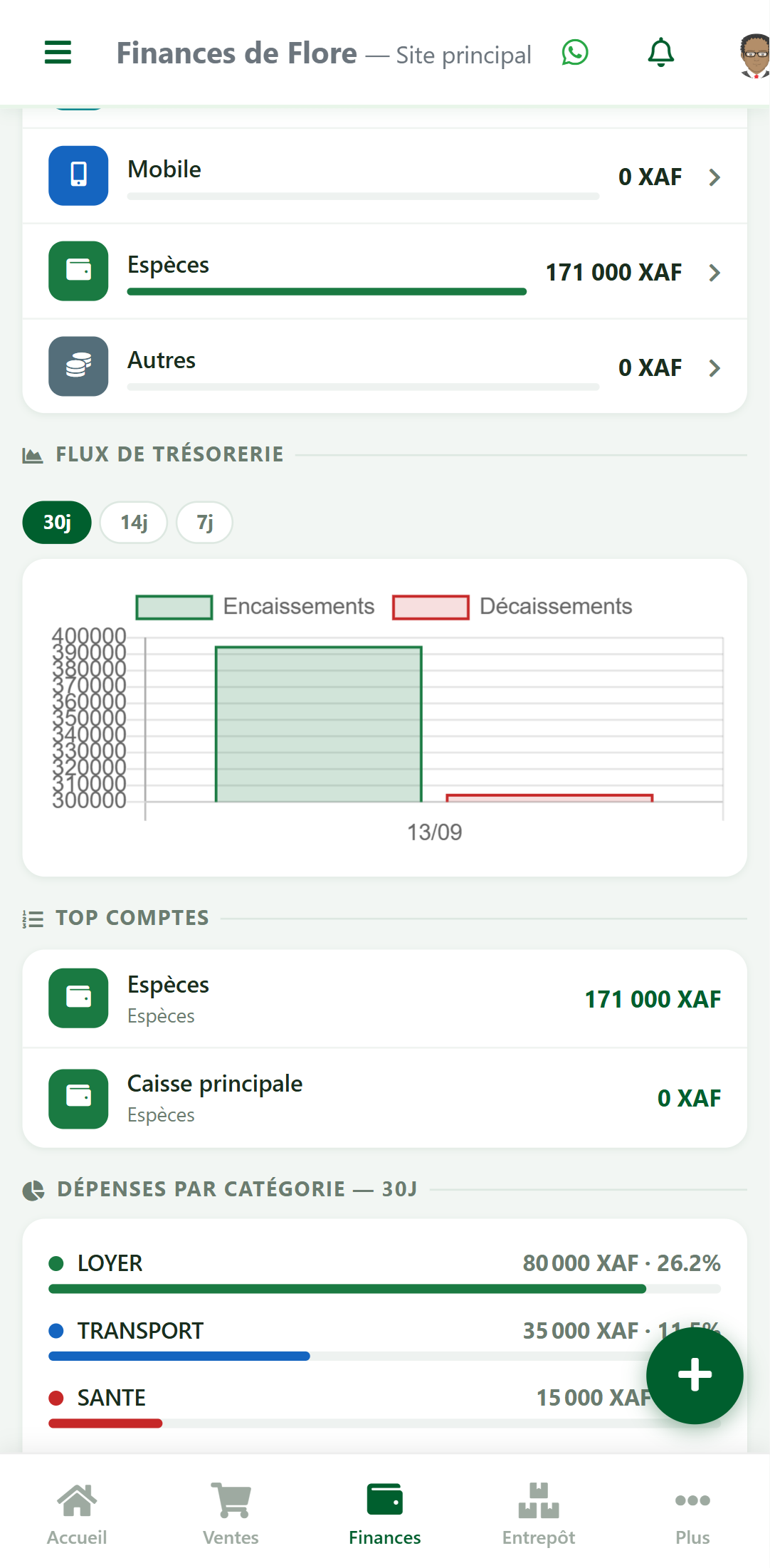 Widget Dépenses par catégorie sur 30 jours dans zBilling.net, classé du plus gros poste au plus petit