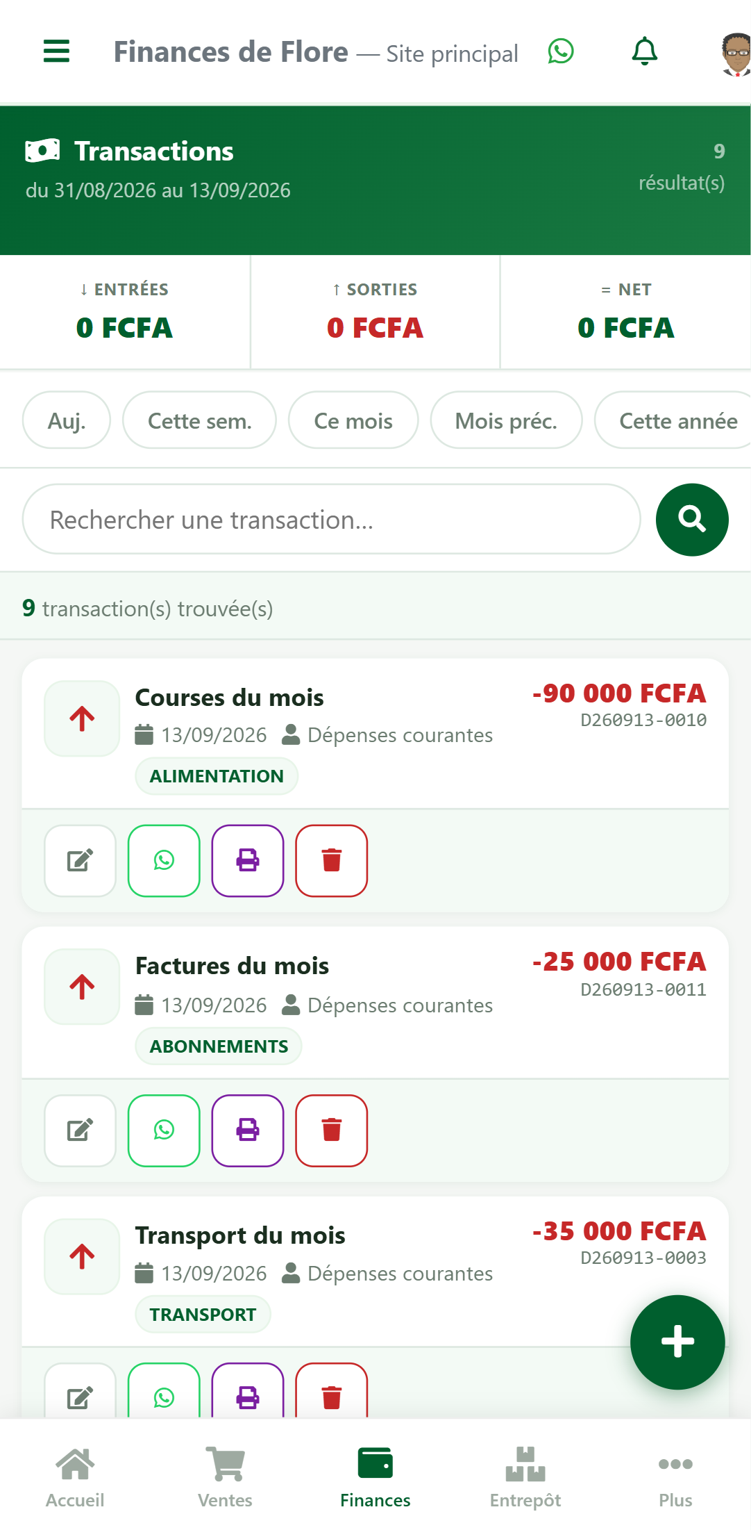 Liste des transactions du mois dans zBilling.net, chaque ligne avec sa catégorie et son bénéficiaire