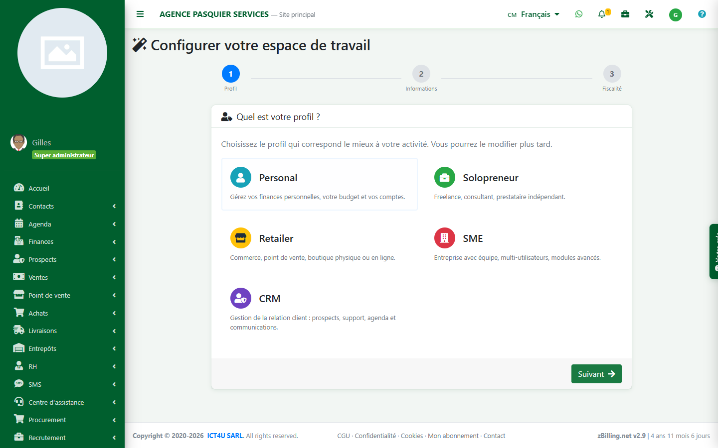 Étape Profil de l'assistant de configuration zBilling.net — le profil Personnel restreint le menu à Contacts, Agenda et Finances