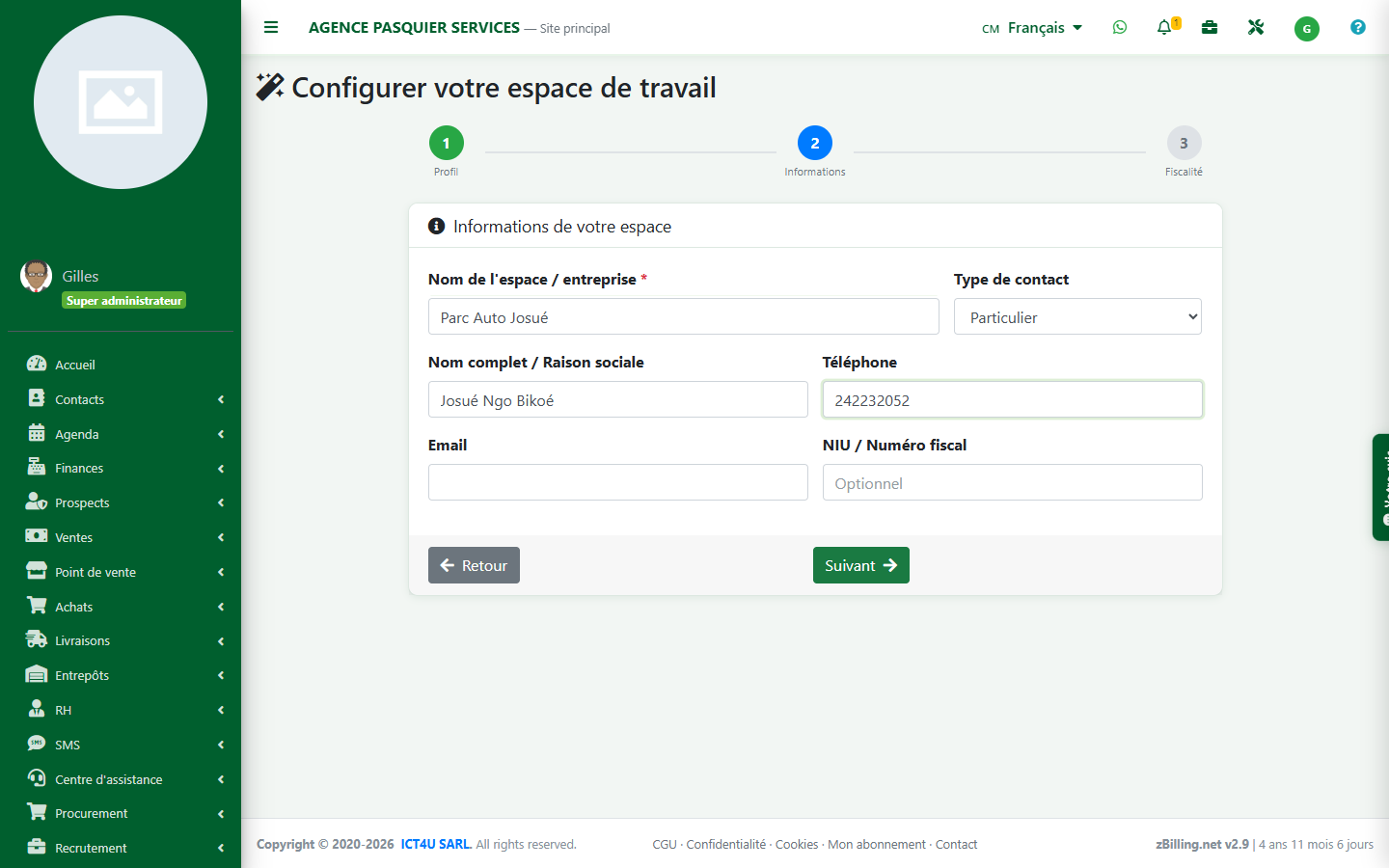 Étape Informations de l'assistant de configuration zBilling.net