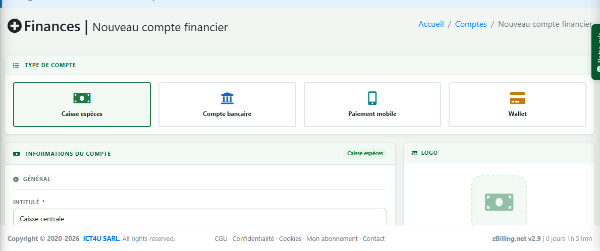 Création d'un compte Caisse espèces dans zBilling.net