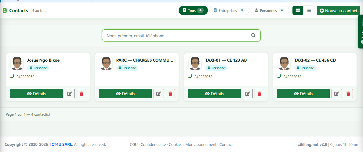 Liste des contacts véhicules dans zBilling.net, triée par numéro