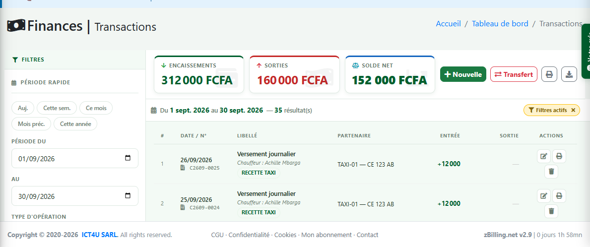 Transactions du mois filtrées par bénéficiaire TAXI-01 dans zBilling.net