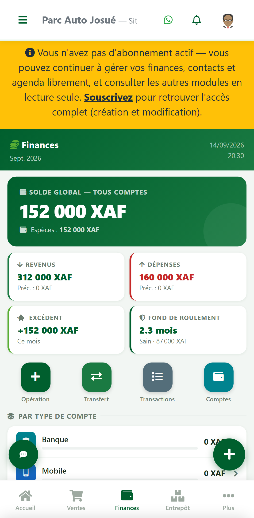 Tableau de bord Finances de zBilling.net sur téléphone : solde global, revenus et dépenses du mois