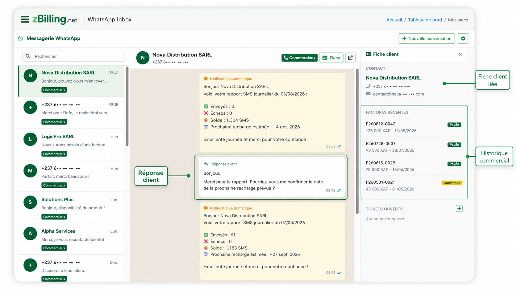 Messagerie WhatsApp de zBilling.net : réponse d'un client reliée à sa fiche et à son historique commercial